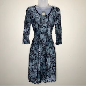 Cato Women’s Black Gray Tie Dye Midi Dress Floral Paisley Fit & Flare 3/4 Sleeve